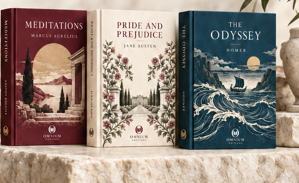 Omnium Editions of Meditations, Pride and Prejudice and The Odyssey on a stone plinth